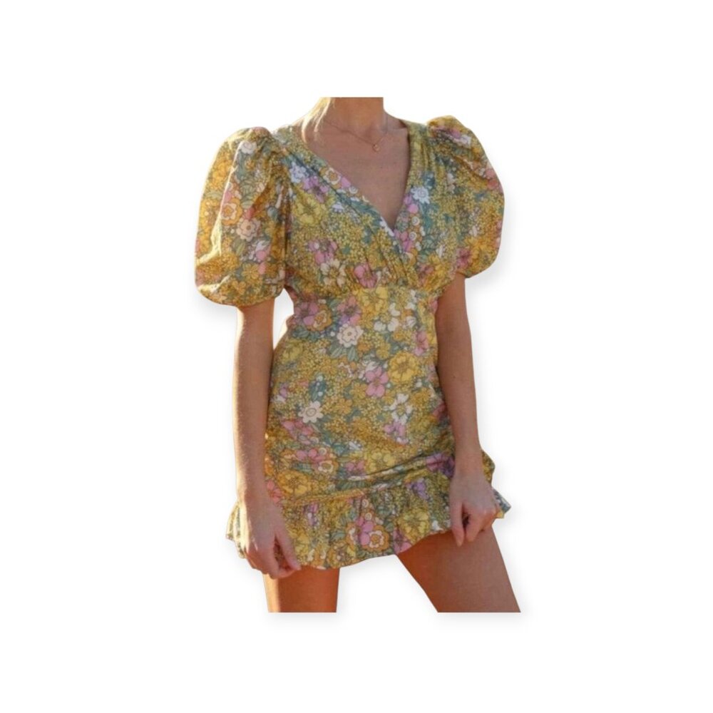 Anthropologie Rahi Pink Floral Cotton Mini Dress Size S Surplice Puff Sleeve